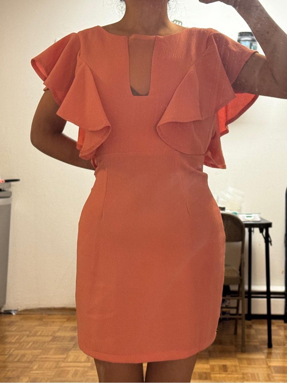 Boohoo Coral Ruffle Sleeve Sheath Dress. Size 6/M